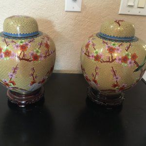 Cloisonne jars/vases with wooden bases